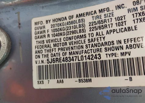 2007 Honda Cr-V Lx из США, поврежденный, VIN 5J6RE48347L014243